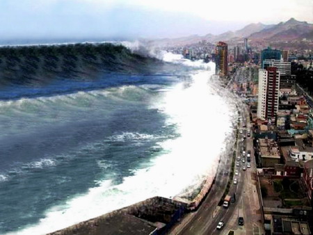 tsunami wave coming towards city